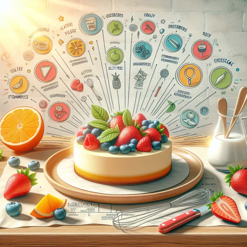 Bright restaurant table with gluten free cheesecake and colorful ingredient labels surrounded by fresh fruits and allergy safe kitchen tools sunny atmosphere