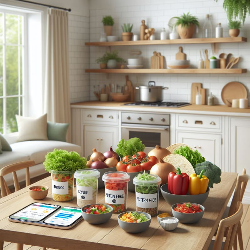 Bright modern kitchen table with colorful gluten-free taco ingredients fresh vegetables clear food labels digital phone scanning app light airy background