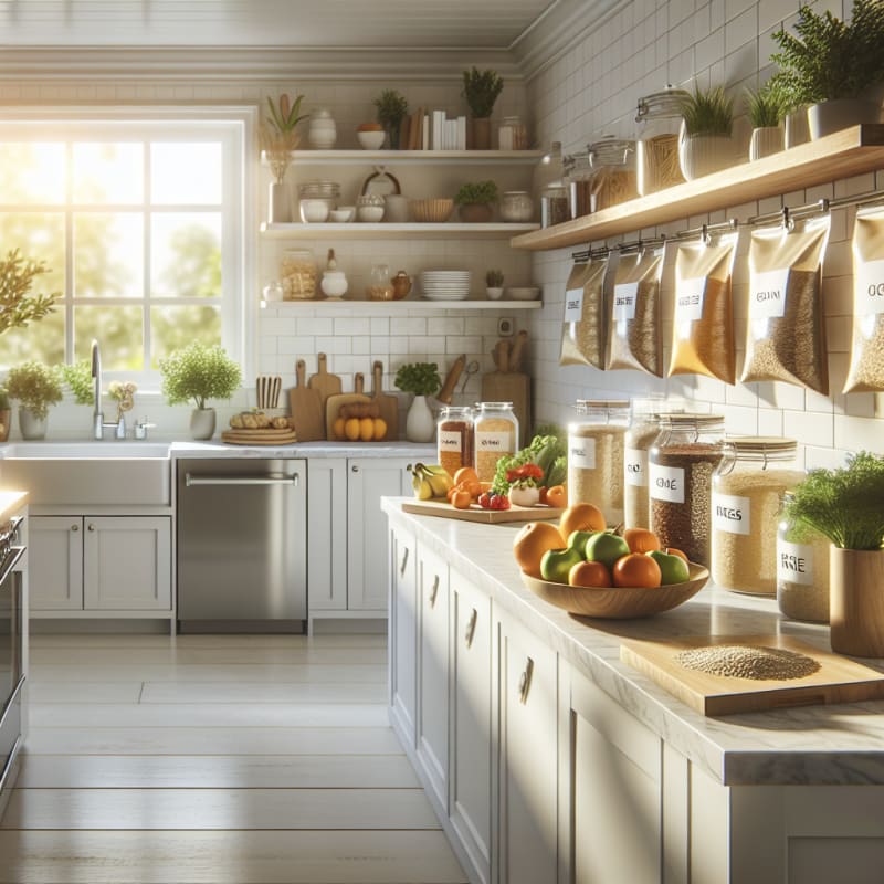 Bright modern kitchen with fresh produce gluten free grains and labeled food packages on clean counters natural light streaming in calm inviting atmosphere