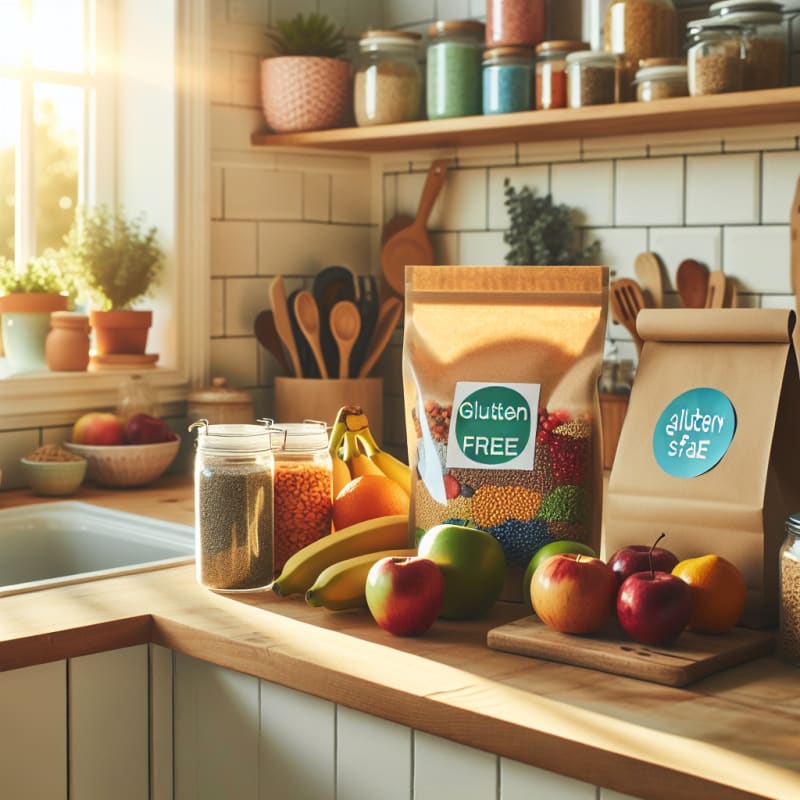 Bright kitchen countertop with colorful gluten-free grains fresh fruits labeled food packages allergy-safe stickers sunlight streaming in through window hopeful atmosphere