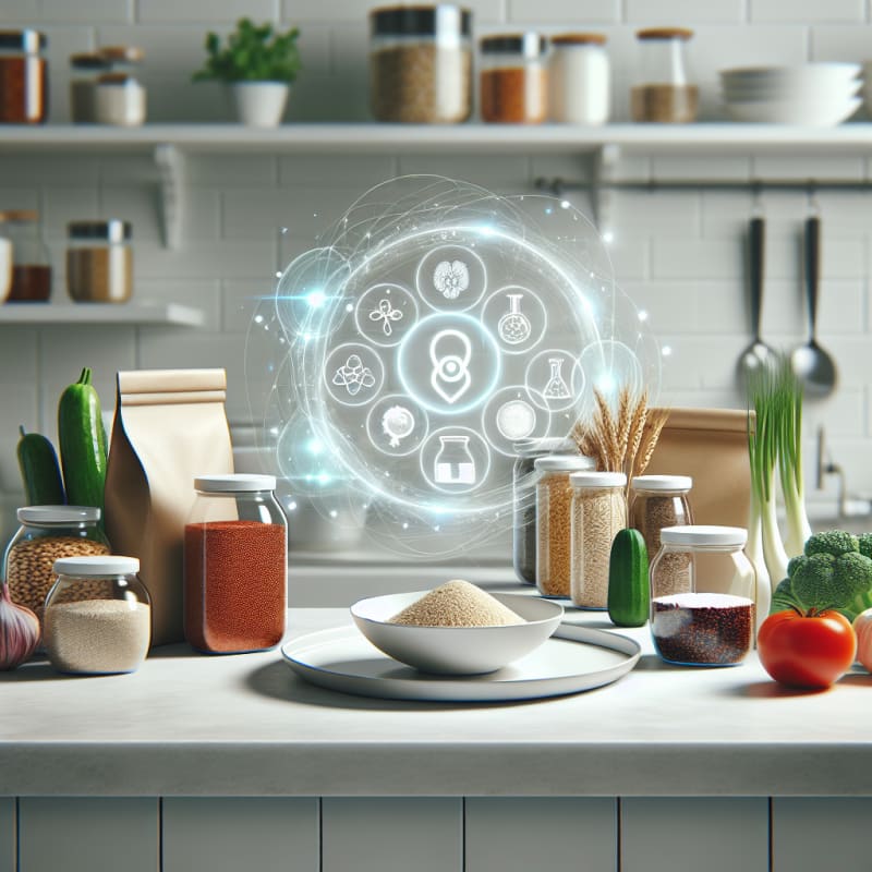 Bright kitchen counter scene with labeled gluten free products fresh vegetables grains and science icons softly glowing around a clean white plate symbolizing wellness and clarity