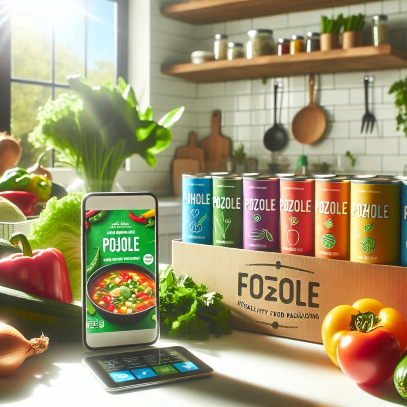Bright kitchen countertop with colorful cans of pozole fresh vegetables digital scanner smartphone healthy food labels eco-friendly packaging sunlight