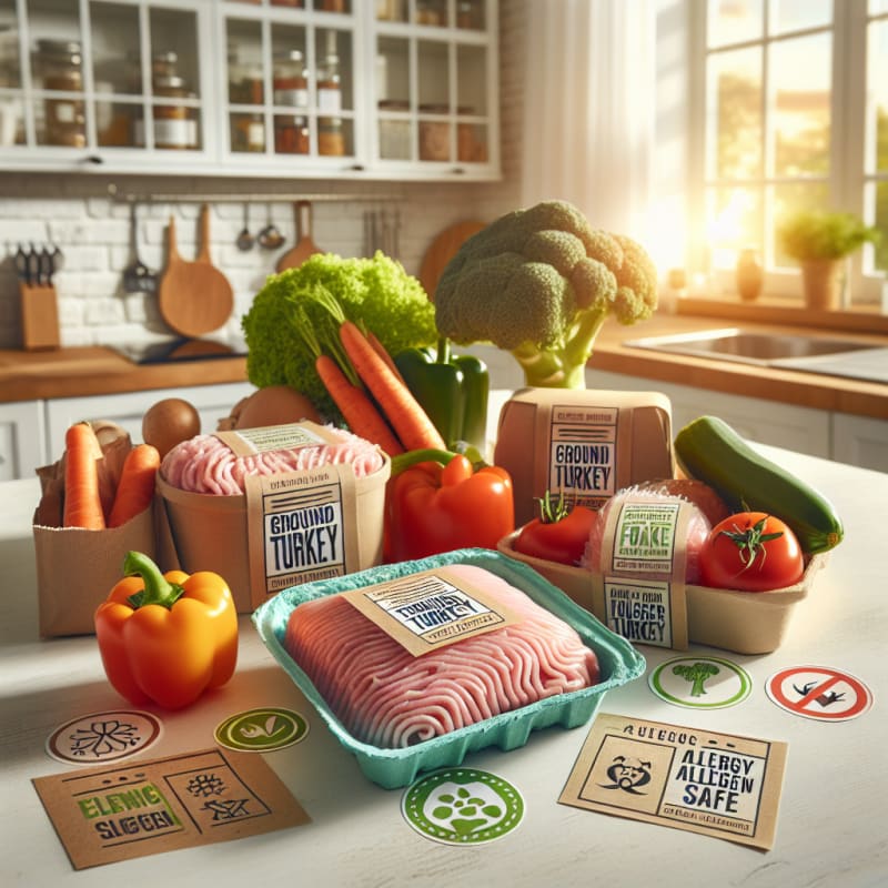 Bright kitchen counter filled with fresh ground turkey in eco-friendly packaging surrounded by colorful food labels healthy vegetables and allergy-safe icons gentle sunlight