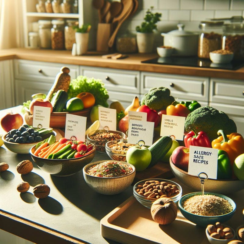 Bright kitchen countertop with colorful fresh vegetables fruits whole grains and nuts arranged in artistic bowls next to labeled allergy safe recipe cards natural light soft shadows
