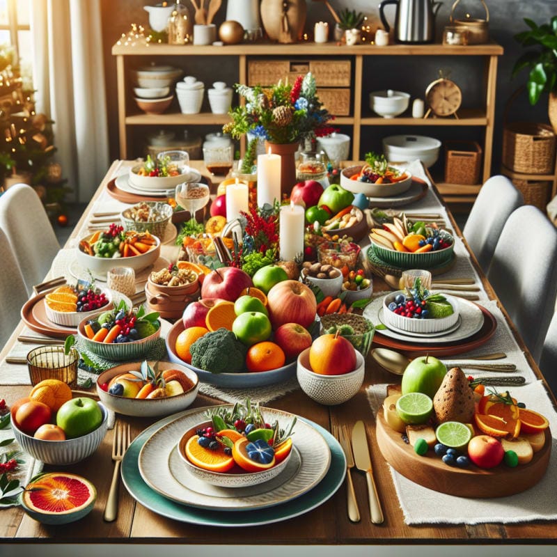 A festive holiday table filled with vibrant allergy-safe dishes fresh fruits and vegetables neatly arranged modern kitchen tools nearby soft natural lighting cheerful atmosphere