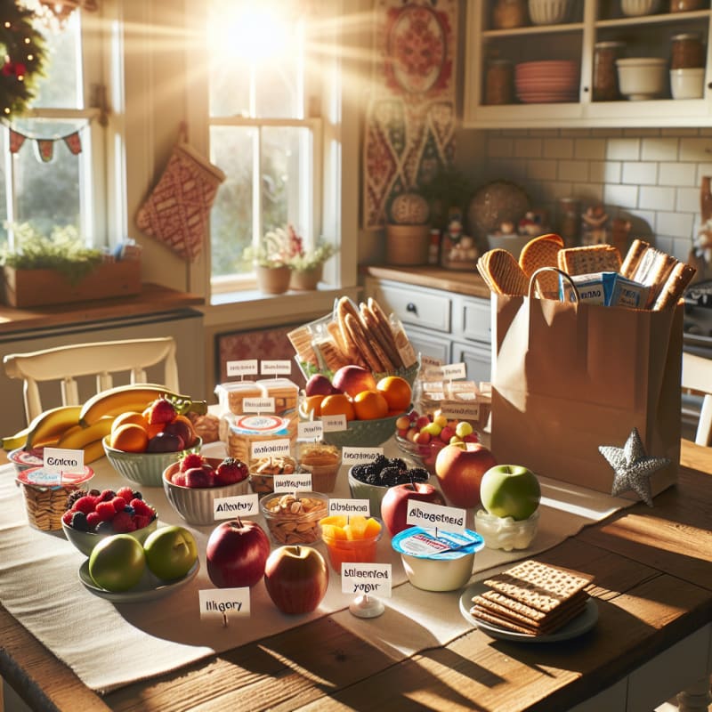 A bright kitchen table filled with colorful diabetes-friendly holiday snacks fresh fruits whole grain crackers unsweetened yogurt allergy-safe labels and grocery bags natural light streaming in cozy decor cheerful atmosphere