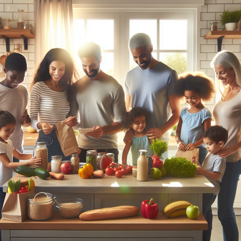 A bright modern kitchen countertop with colorful fresh fruits vegetables and gluten-free packaged foods arranged neatly beside a clipboard with a visible food label checklist soft natural lighting clear symbols for gluten-free and allergy-safe ingredients