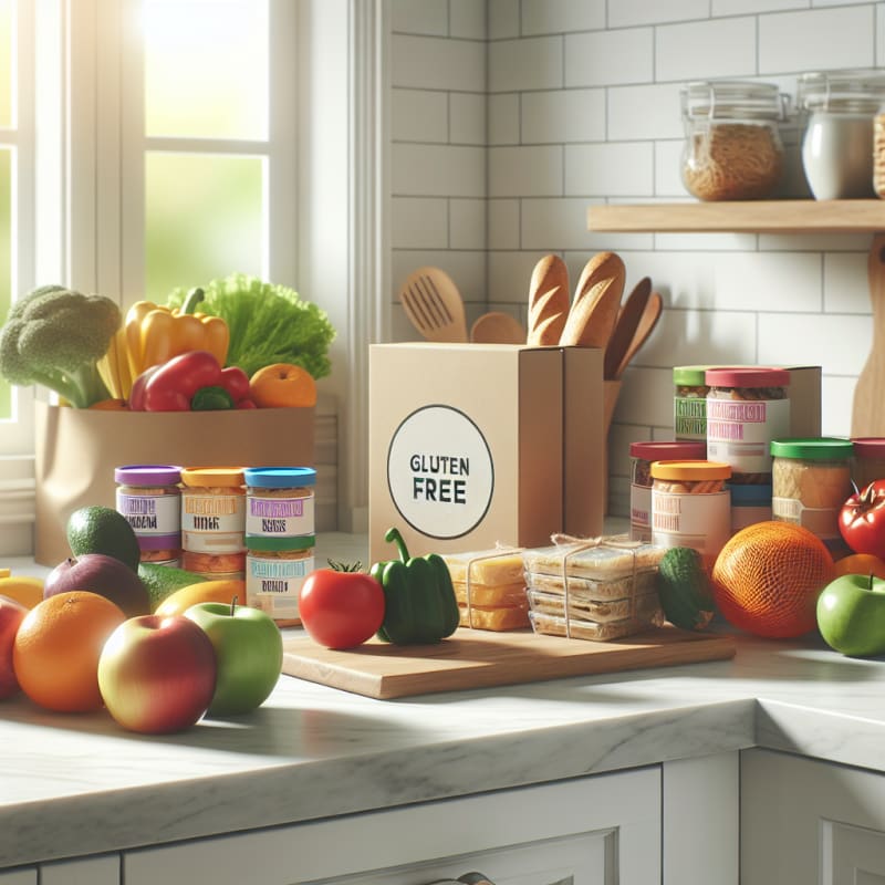 A bright clean kitchen countertop with colorful fresh groceries gluten free packaged foods clear food labels and a digital tablet displaying a food safety checklist with sunlight streaming onto the scene