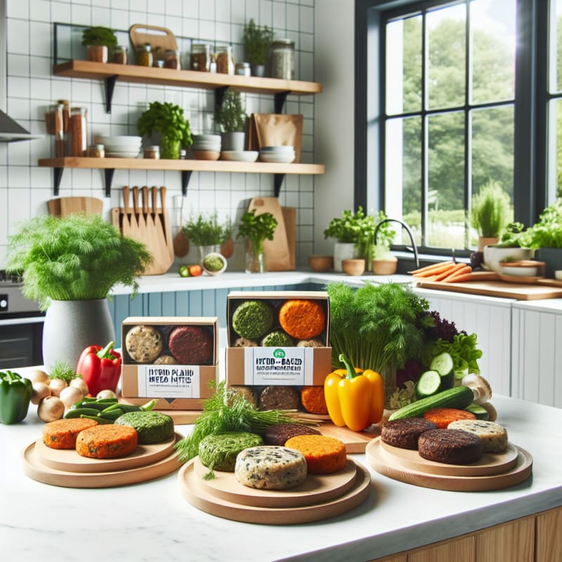 A bright modern kitchen counter with colorful bowls of hybrid plant-based meat patties made from mushrooms lentils and grains surrounded by fresh herbs vegetables and eco friendly packaging