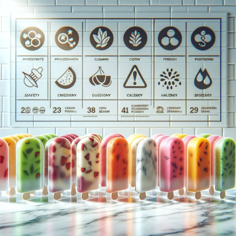 A colorful arrangement of ice cream bars on a clean white marble surface with visible ingredient labels and allergy symbols in the background bright natural lighting evokes freshness and safety