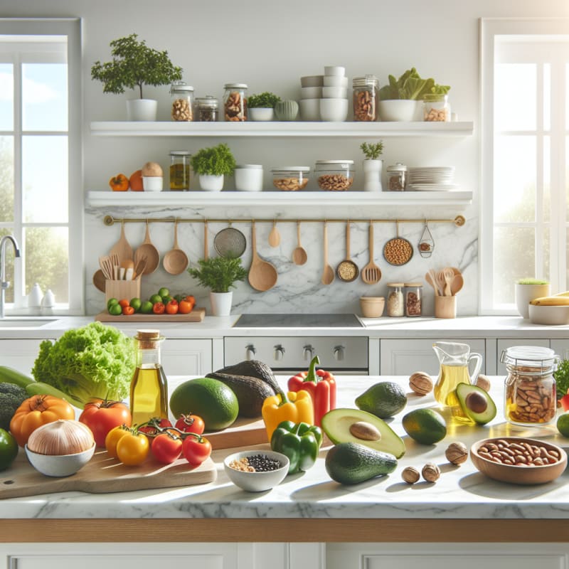A bright modern kitchen countertop with colorful fresh vegetables avocado olive oil and nuts with clean minimalist keto food labels airy lighting and healthy calm mood