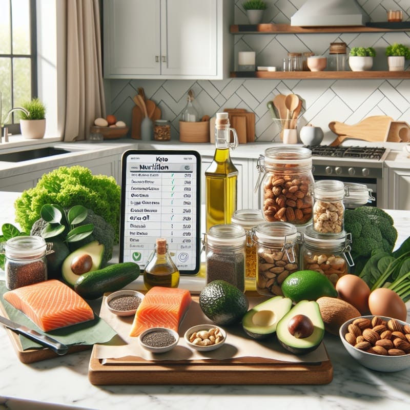 Bright modern kitchen counter with colorful keto friendly foods like avocado salmon olive oil leafy greens nuts and chia seeds arranged neatly beside labeled jars and a digital tablet showing a nutrition chart