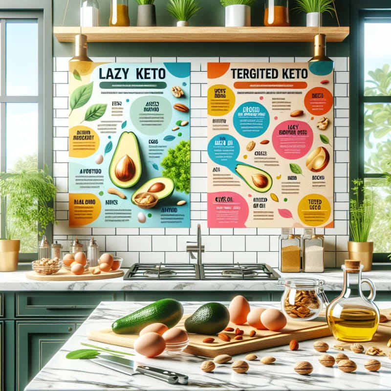 Bright modern kitchen countertop with labeled keto foods avocado eggs nuts olive oil and colorful infographics showing lazy keto and targeted keto trends