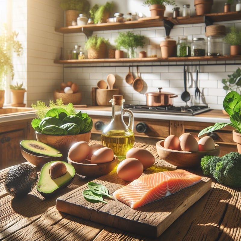 Bright kitchen scene with organic keto ingredients avocado eggs olive oil salmon and leafy greens displayed on a rustic wooden counter with morning sunlight natural tones