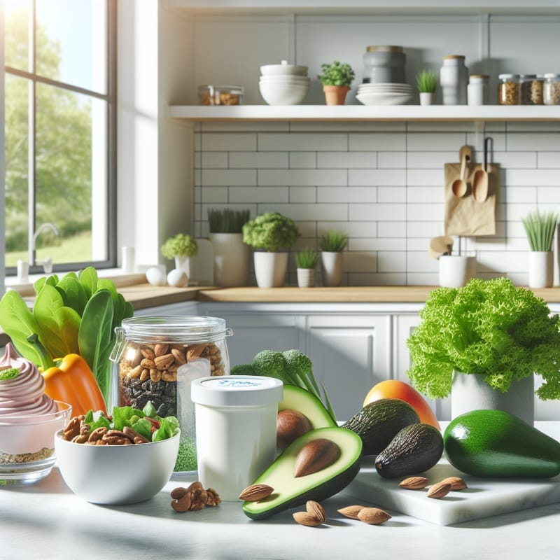 Bright modern kitchen countertop with colorful keto friendly foods like avocado nuts leafy greens and probiotic yogurt natural lighting clean design minimal packaging