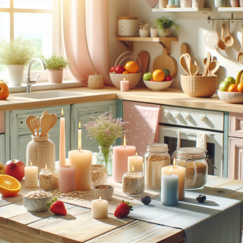 A bright cozy kitchen filled with handmade candles on a wooden table surrounded by allergy-friendly ingredients like oats rice and colorful fruits with soft sunlight streaming through a window and pastel decor for a hopeful welcoming vibe