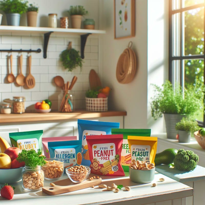 A bright cheerful kitchen counter with colorful allergy-safe packaged foods fresh peanut-free snacks clear food labels and a sunlit window with green plants