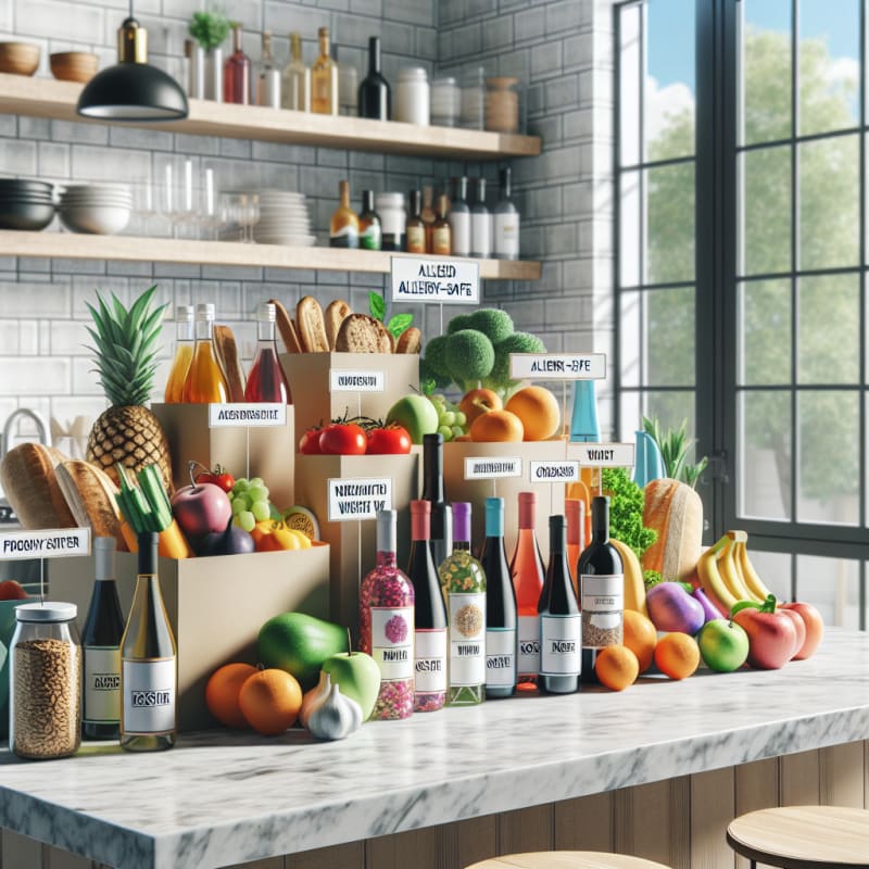 Bright kosher food and wine display with labeled allergy-safe ingredients modern kitchen background natural light fresh produce colorful bottles eco packaging
