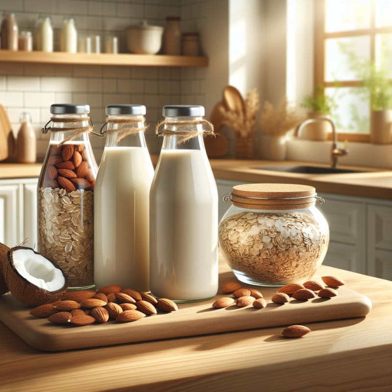 A bright modern kitchen counter with neatly arranged glass bottles of almond oat and lactose free milk next to fresh almonds oats and coconut on a natural wooden surface bathed in morning light