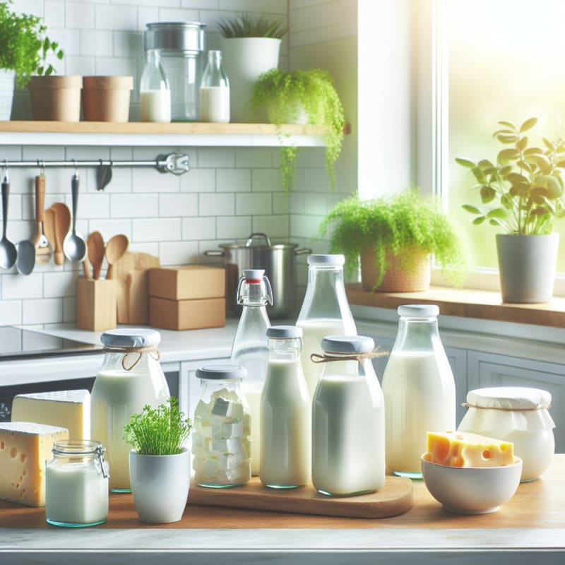 Bright kitchen counter with glass bottles of lactose-free milk cartons yogurt and cheese surrounded by green plants and soft natural light symbolizing freshness and innovation