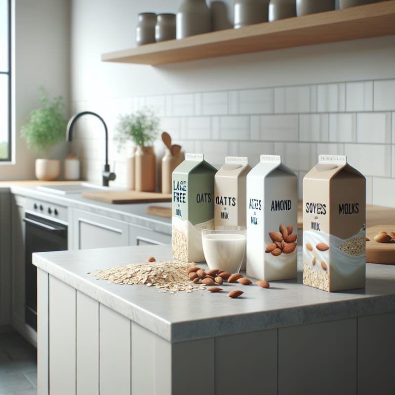 A bright modern kitchen counter with neatly arranged cartons of lactose-free and plant-based milk surrounded by fresh oats almonds and soybeans in natural light