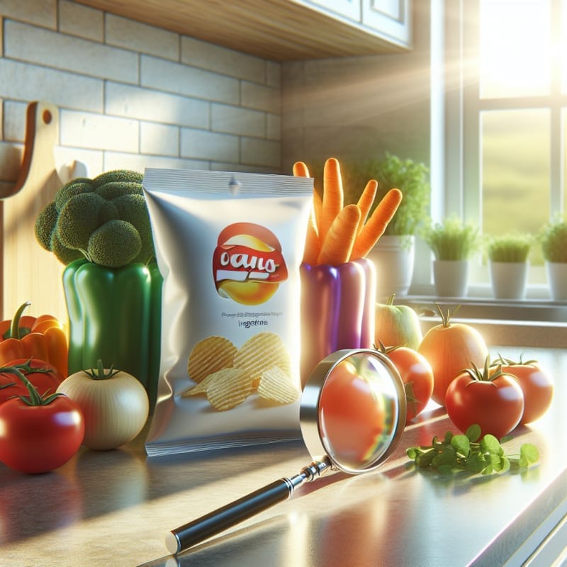 A bright modern kitchen countertop with colorful bags of potato chips arranged next to fresh vegetables a magnifying glass highlights a chip bag ingredient list sunlight streams in creating a hopeful clean atmosphere