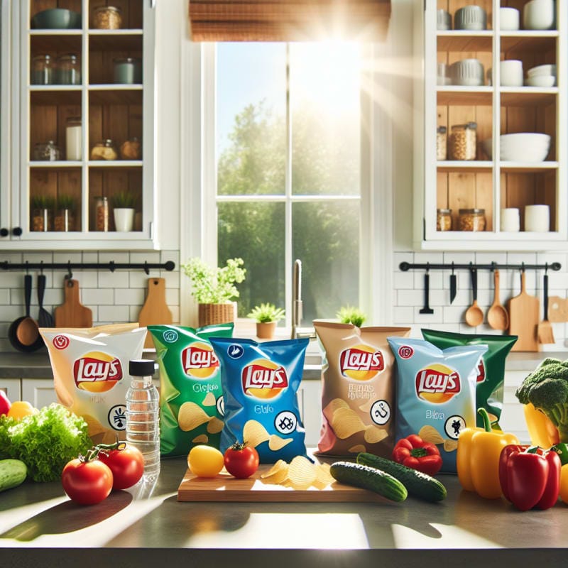 A bright hopeful kitchen countertop filled with assorted Lays potato chip bags next to clear ingredient labels allergy-friendly symbols and fresh vegetables natural sunlight streaming through the window vibrant packaging and modern eco-friendly kitchen details