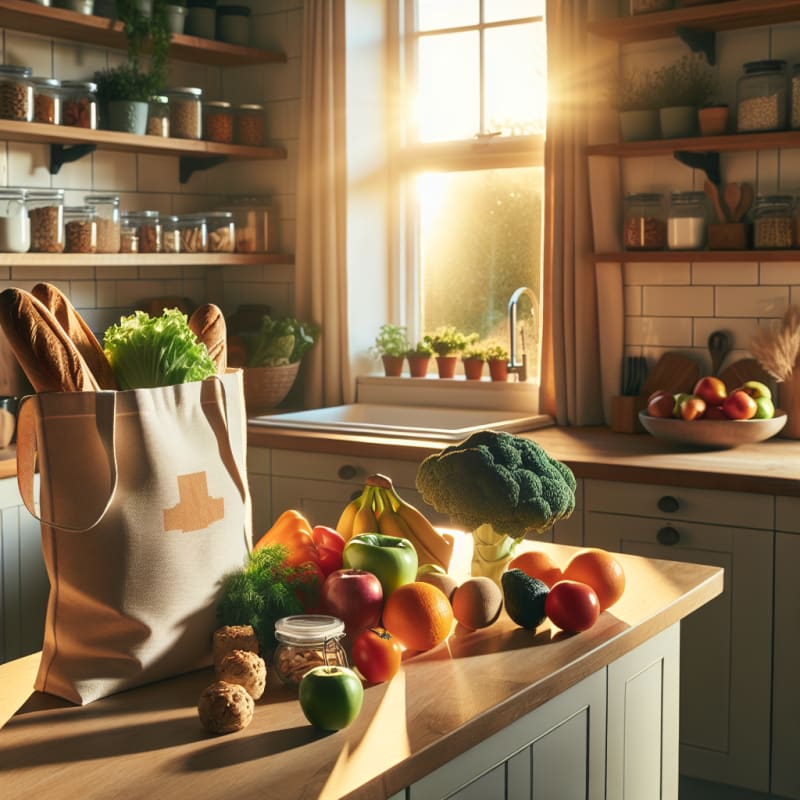 Bright kitchen counter with fresh fruits vegetables whole grain bread and allergy-safe snack packaging arranged neatly soft morning sunlight eco-friendly grocery bag nearby inviting and hopeful atmosphere