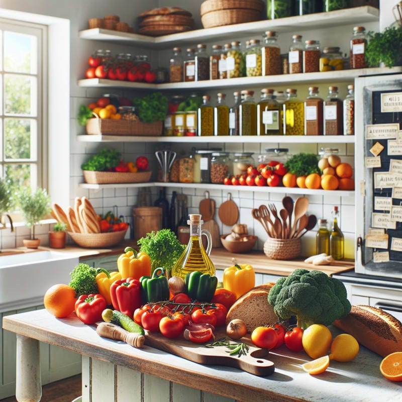 Bright Mediterranean kitchen scene with colorful fresh vegetables olive oil whole grain bread citrus fruits and labeled allergy-safe pantry items sunlit counters