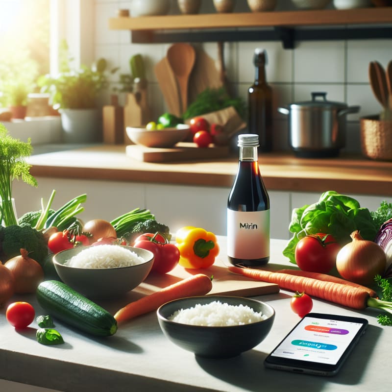 A bright modern kitchen countertop with a bottle of Mizkan mirin surrounded by fresh vegetables rice and a digital food scanner app open on a smartphone soft daylight healthy and hopeful atmosphere allergy-friendly ingredients visible