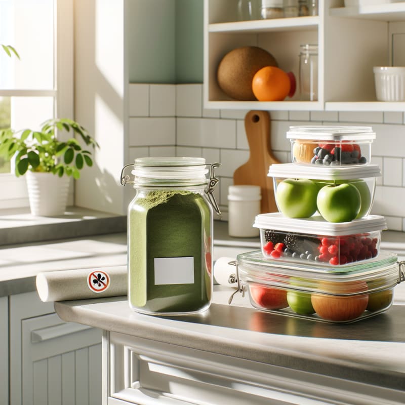 A bright kitchen countertop with a glass jar of green moringa leaf powder next to clean food-safe containers fresh fruits and a visible allergy alert label soft morning sunlight