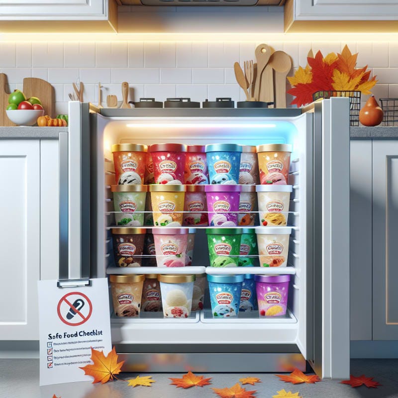 A bright freezer filled with colorful ice cream containers featuring clear allergy warning labels next to festive autumn leaves and a safe food checklist on the counter
