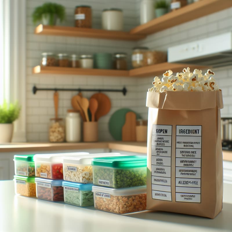 Bright modern kitchen countertop with open popcorn bags food ingredient labels visible colorful allergy-safe snacks organized eco-friendly storage natural lighting hopeful mood