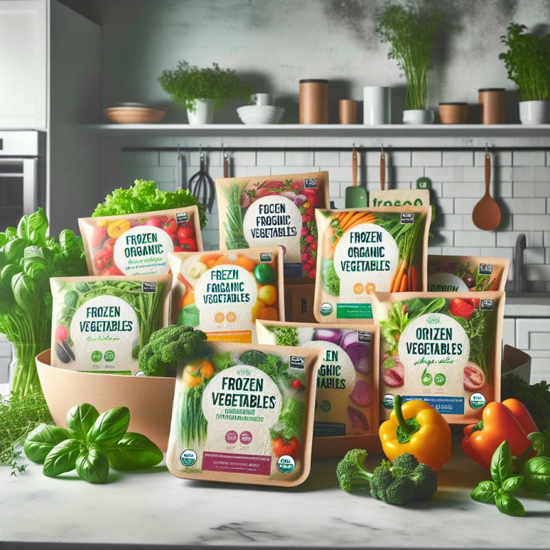 Bright colorful display of frozen organic vegetables in eco-friendly packaging on clean white kitchen countertop surrounded by fresh green herbs and allergy-safe food labels healthy modern kitchen vibe hopeful atmosphere