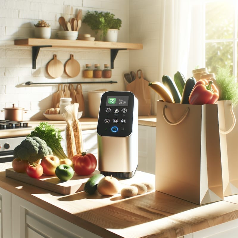 Bright modern kitchen counter with natural food items fresh produce allergy-safe packaged goods digital food scanner eco-friendly shopping bags sunlight streaming in optimistic atmosphere