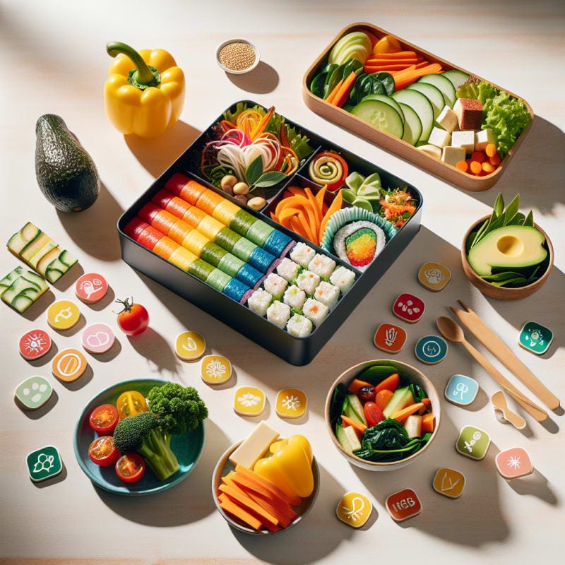 A vibrant minimalist bento box filled with colorful plant based dishes surrounded by fresh vegetables food labels and allergy safe icons on a bright wooden table soft natural light