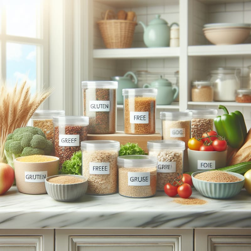 Bright kitchen countertop with labeled gluten-free foods fresh vegetables and grains soft natural light pastel tones conveying clarity and hope