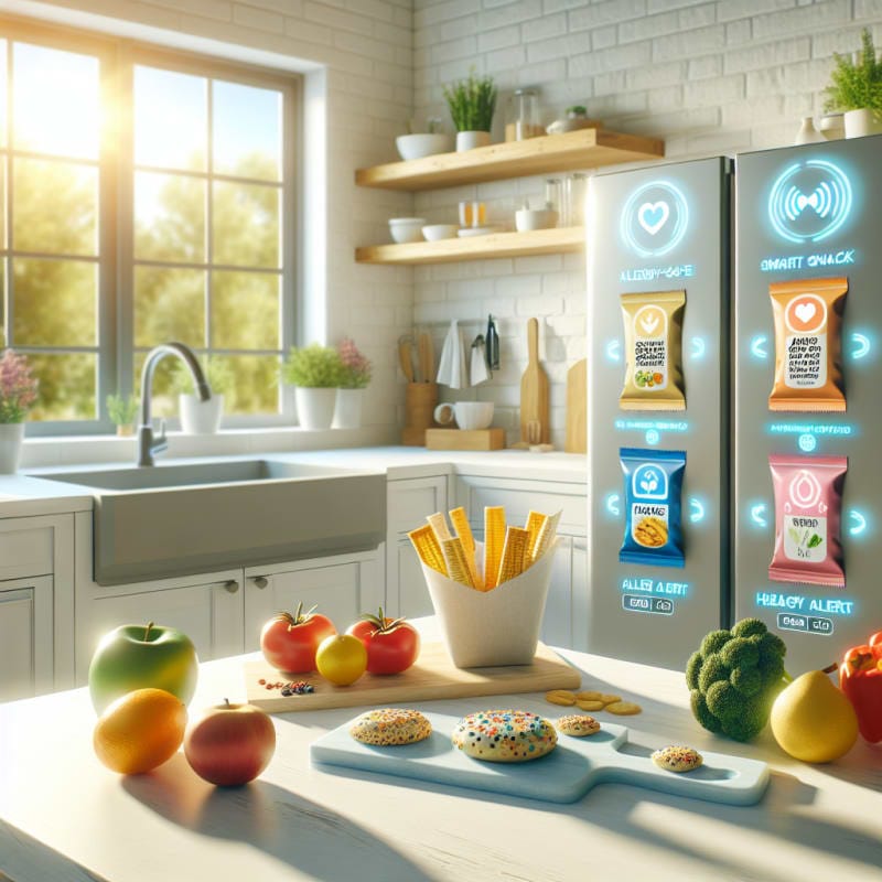 Bright kitchen countertop with allergy-safe packaged snacks smart food label scanner allergy alert icons fresh fruits and vegetables sunlit window cheerful modern decor no people