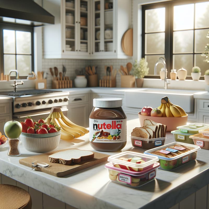 A bright kitchen counter with Nutella jar surrounded by fresh gluten-free bread allergy-safe fruit and colorful labeled food containers warm natural daylight