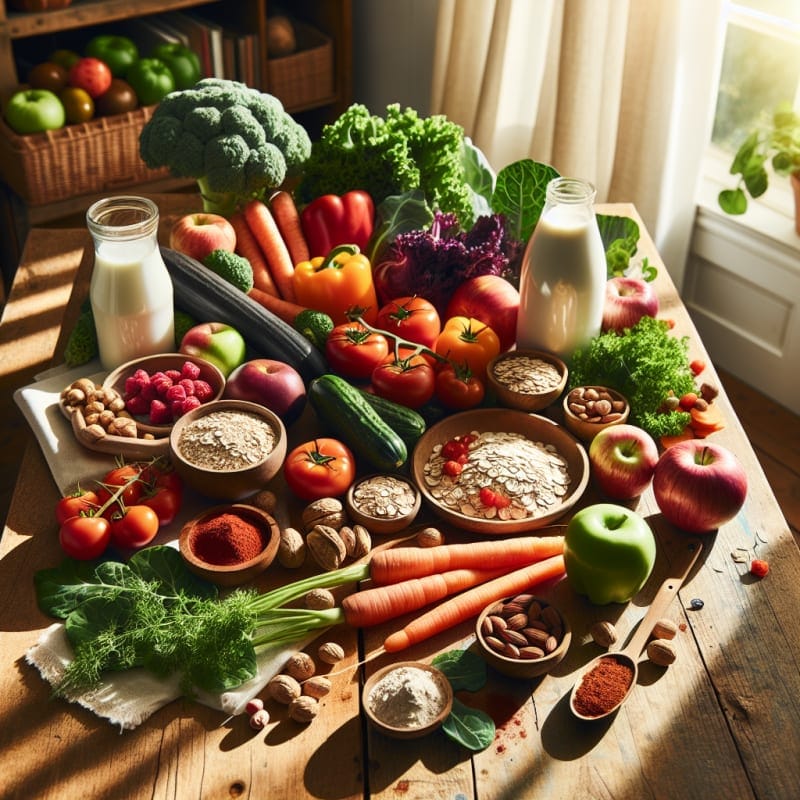 Bright fresh organic produce arranged with plant protein powder nuts dairy free milk oats and green leaves on a wood table in natural sunlight