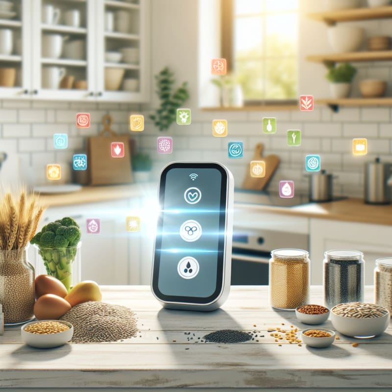 Bright kitchen countertop with fresh seeds grains and labeled food packages digital scanning device and colorful allergy-safe icons soft sunlight clean modern backdrop