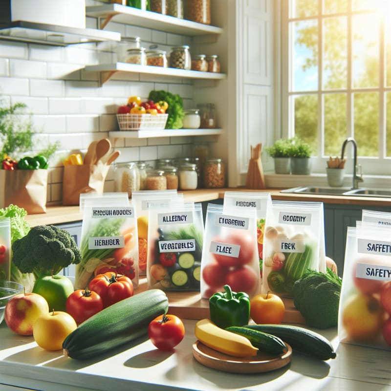 Bright kitchen countertop filled with colorful allergy-safe foods fresh vegetables and fruits labeled for safety clean grocery bags open showing clear food labels sunlight streaming through window warm cheerful atmosphere