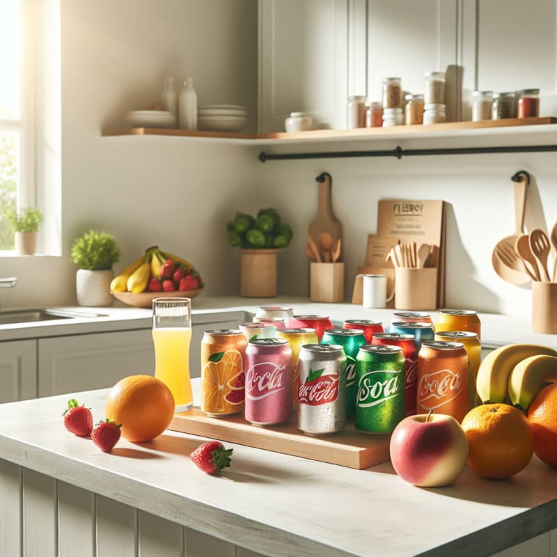 A bright modern kitchen countertop with various colorful soda cans next to clear ingredient labels fresh fruit and a stack of allergy-friendly recipe cards natural light