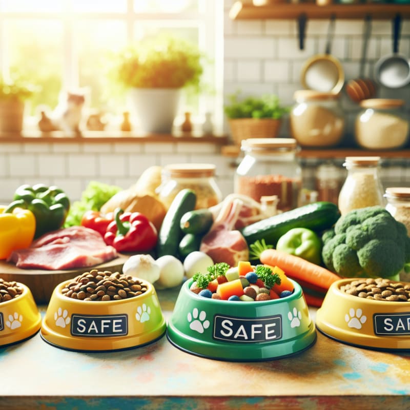 Bright kitchen countertop with colorful pet food bowls labeled safe surrounded by fresh wholesome ingredients sunlight streaming through window cozy home atmosphere