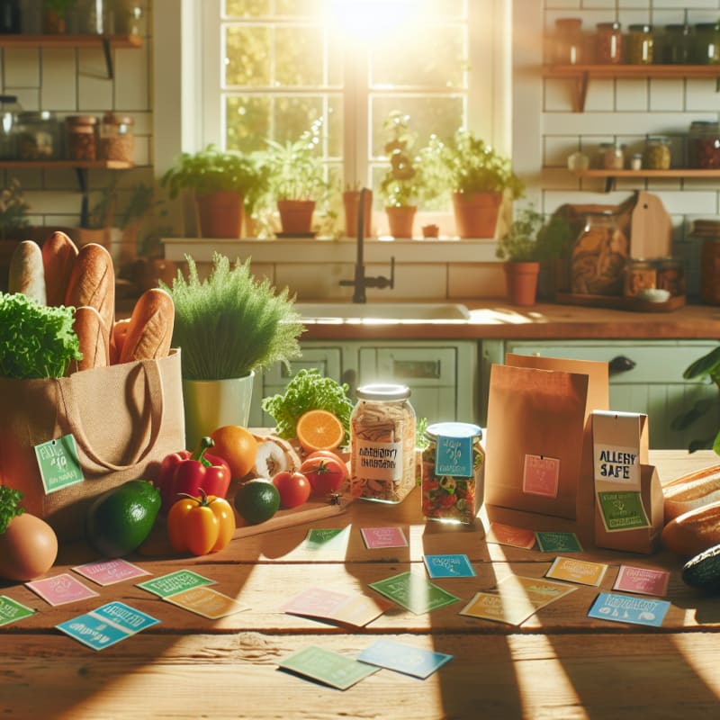 Bright kitchen with fresh plant-based groceries on wooden table surrounded by colorful food labels eco-friendly packaging allergy-safe ingredient cards sunlight streaming in window green plants visible warm inviting atmosphere