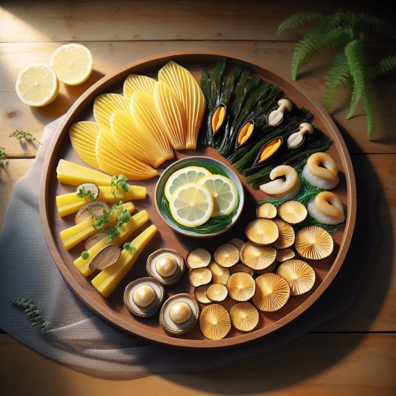 Bright kitchen counter with neatly arranged plates of vegan salmon made from fungi banana blossom fish fillets and mushroom scallops surrounded by fresh herbs and citrus