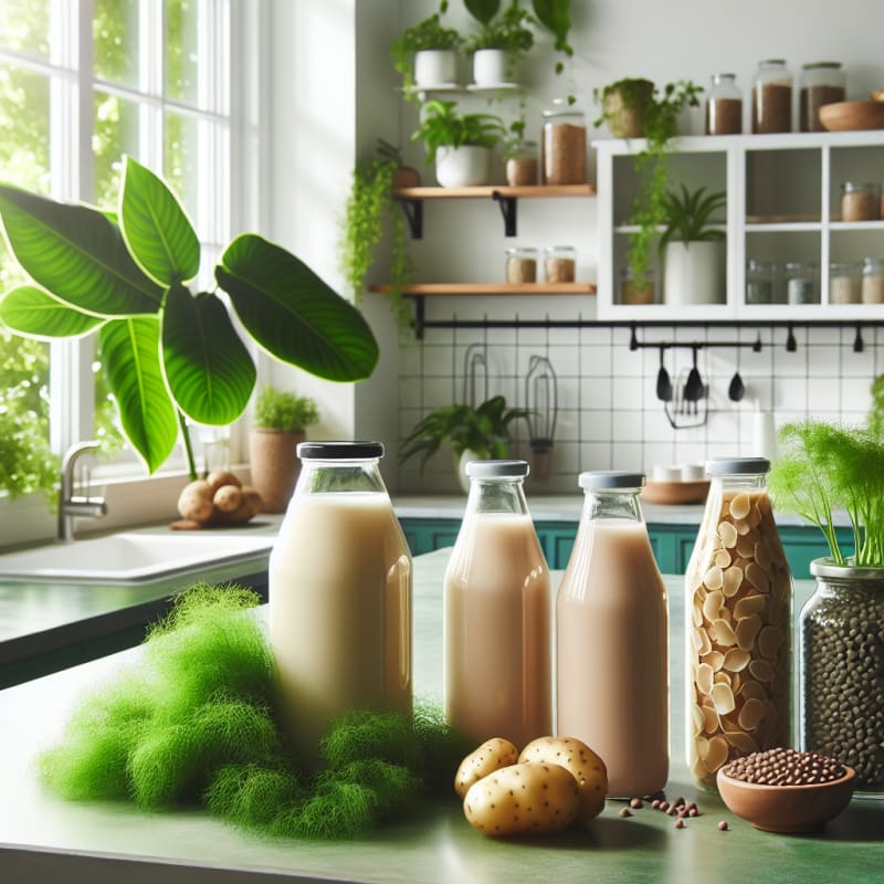 Bright vegan kitchen countertop with glass bottles of potato milk next to fresh kelp sea moss and water lentils surrounded by green leaves and sunlight streaming through window