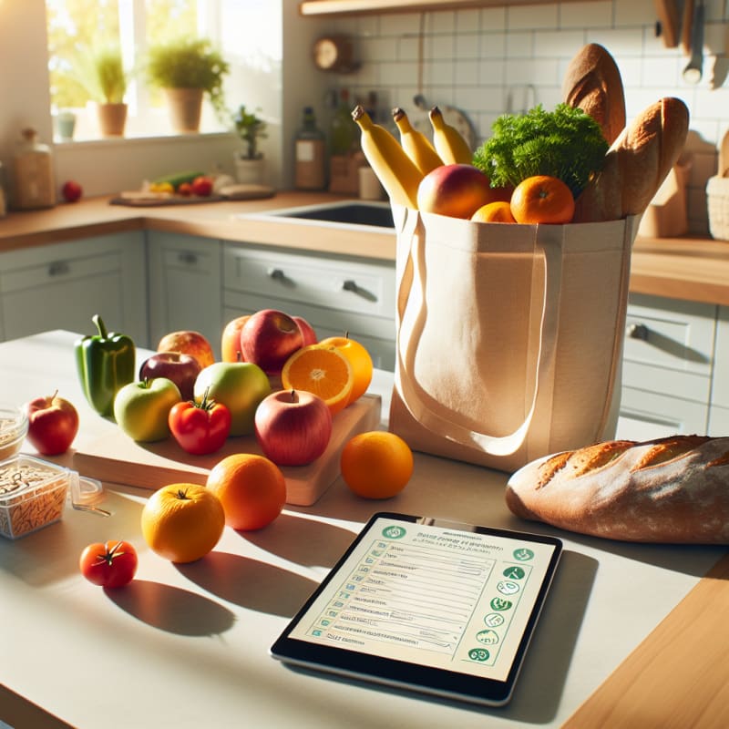 A bright and inviting kitchen countertop with fresh colorful fruits vegetables whole grain bread and a clean allergy-safe food label next to a reusable shopping bag and a digital tablet displaying a food safety checklist in a sunlit modern kitchen