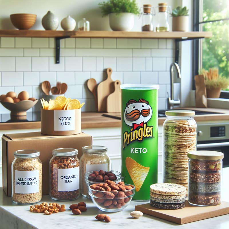 Bright kitchen countertop with Pringles can and healthy keto snack options surrounded by allergy-safe ingredient labels natural light modern eco-friendly containers