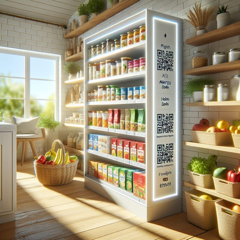 Bright grocery shelves with colorful food packages featuring clear allergy-safe labels and QR codes surrounded by fresh fruits and veggies in a sunlit kitchen